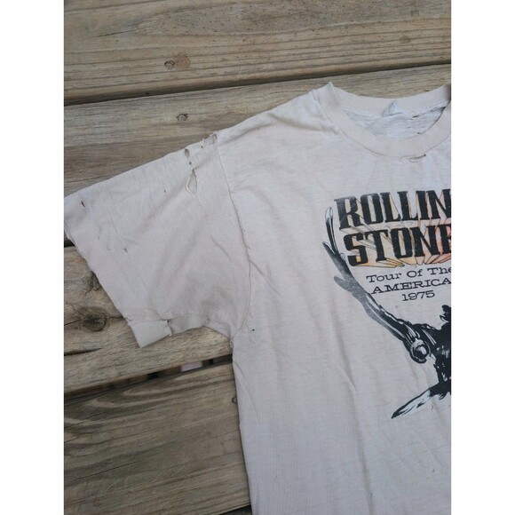 Vintage ORIGINAL Band Tee Rolling Stones 1975 Eagle Medium Distressed Holes - Picture 2 of 11